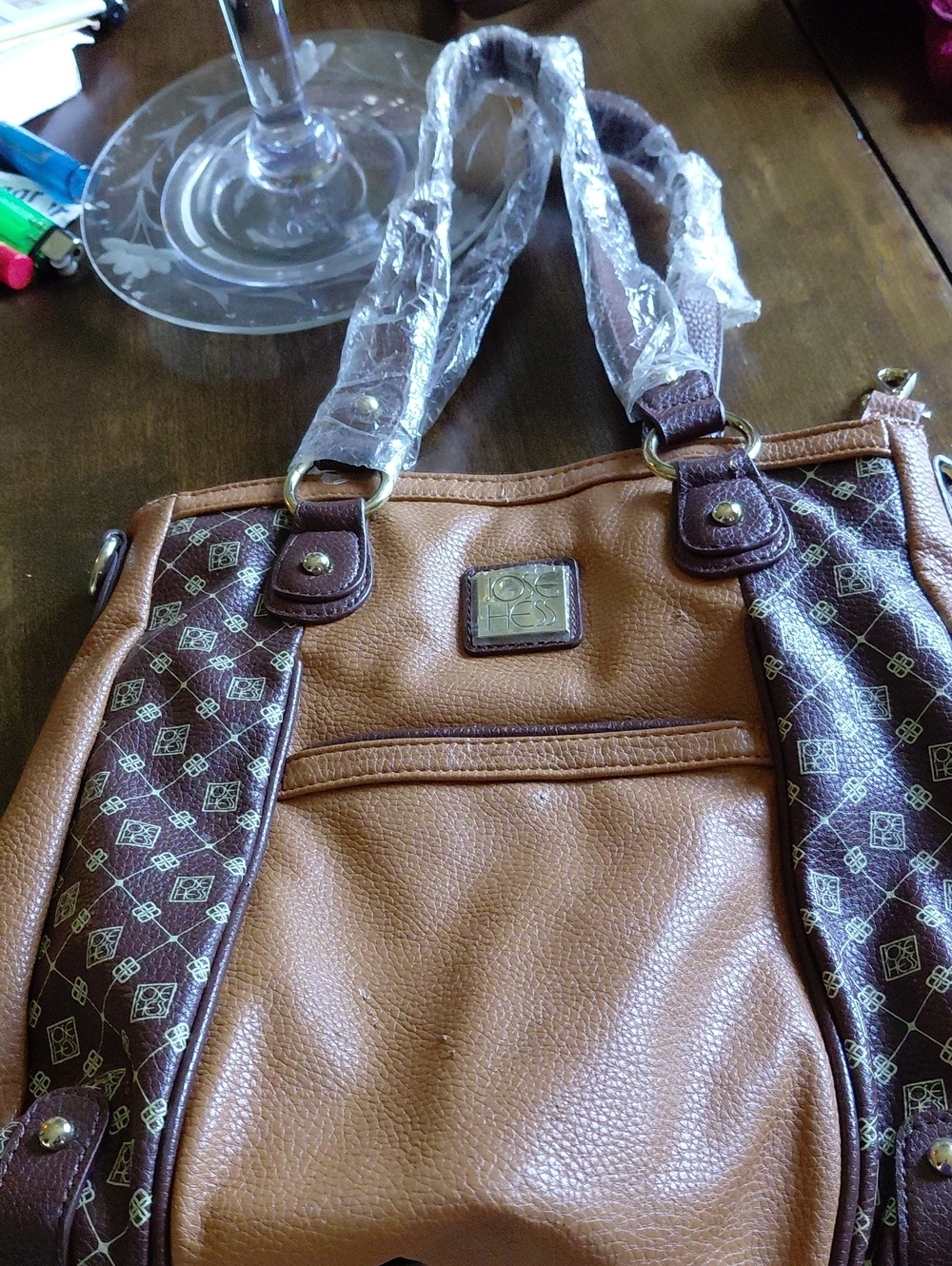 Women’s Tan and Dark Brown Shoulder Bag with Patterned Side Panels